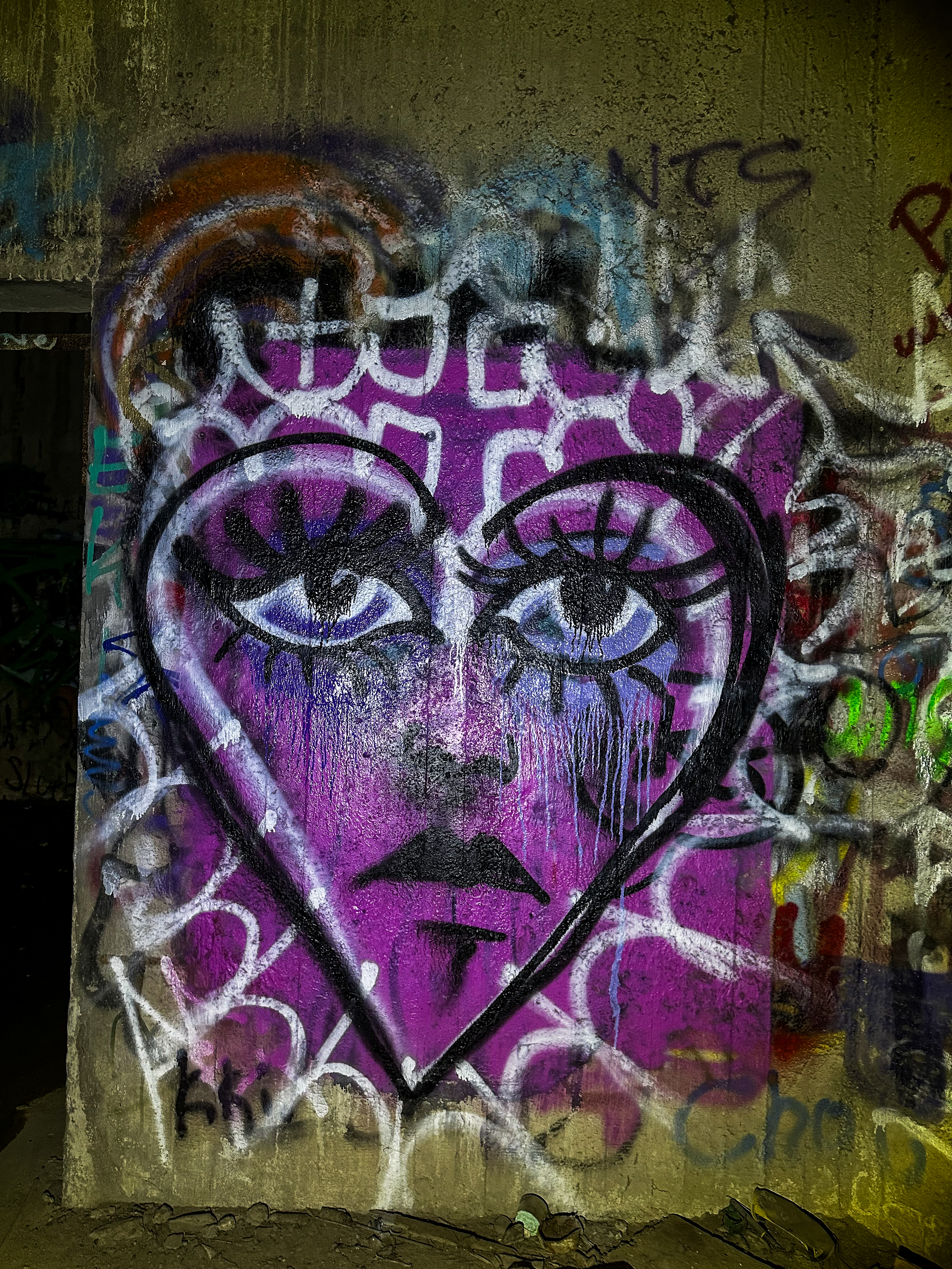 Purple heart graffiti face in the Damen Silos